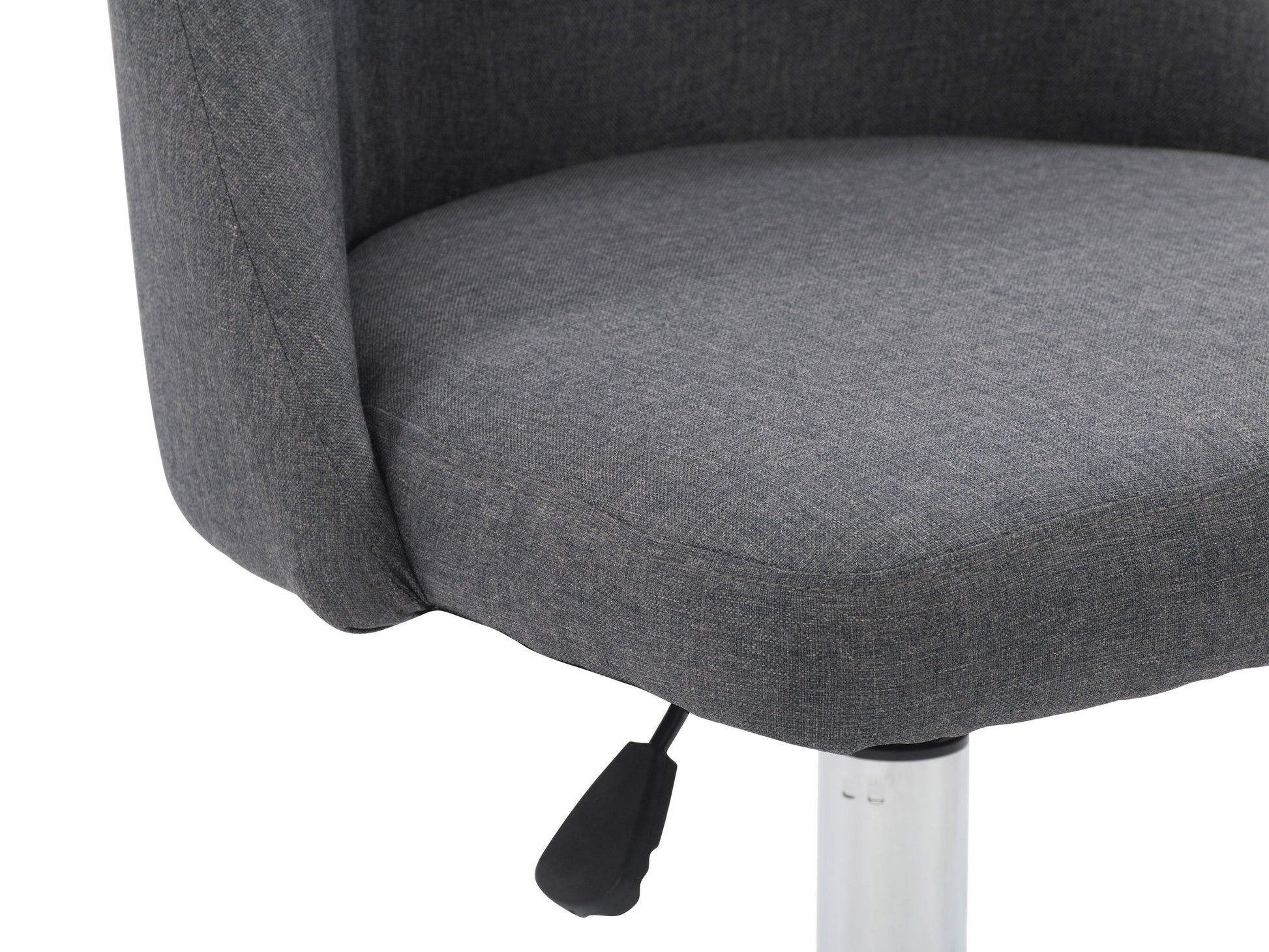 Dark grey armless task chair featuring a cushioned seat and backrest with sleek, modern design, perfect for office use. Upholstered in durable fabric, supported by a sturdy metal base with smooth-rolling casters.