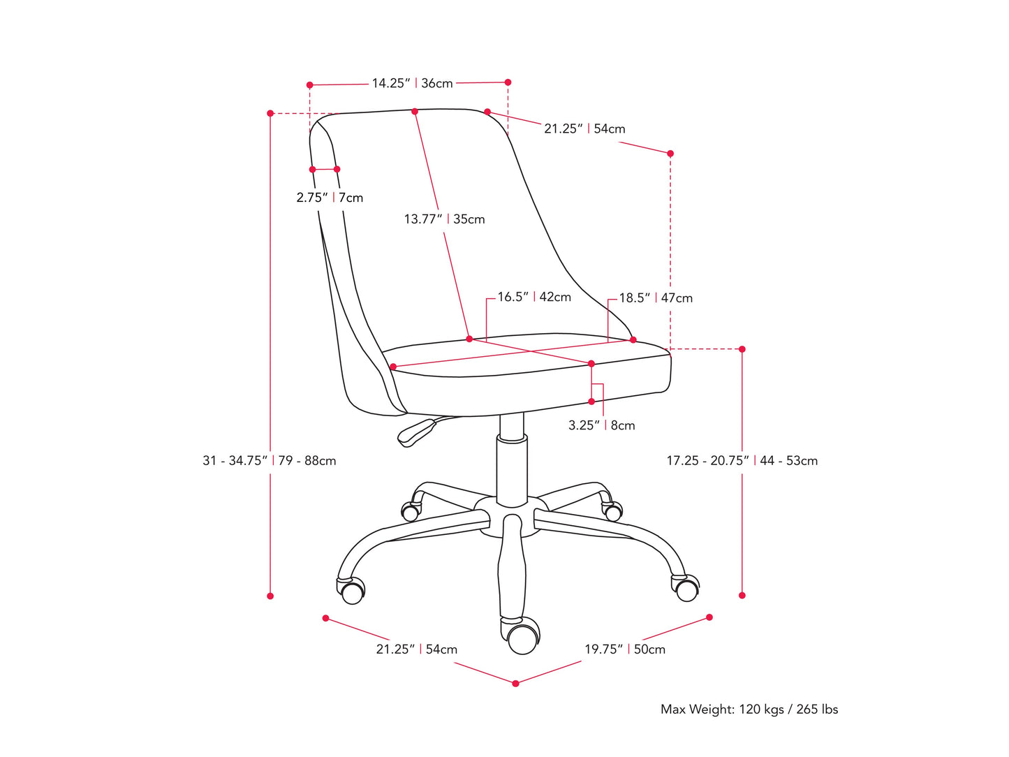 Dark grey armless task chair featuring a cushioned seat and backrest with sleek, modern design, perfect for office use. Upholstered in durable fabric, supported by a sturdy metal base with smooth-rolling casters.
