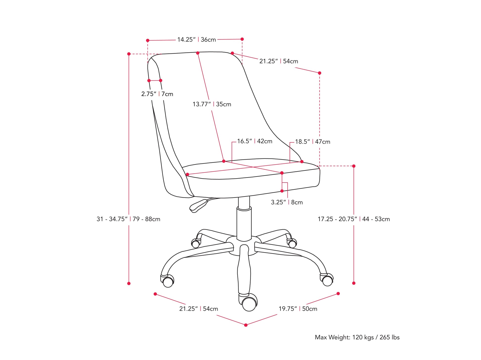 Dark grey armless task chair featuring a cushioned seat and backrest with sleek, modern design, perfect for office use. Upholstered in durable fabric, supported by a sturdy metal base with smooth-rolling casters.
