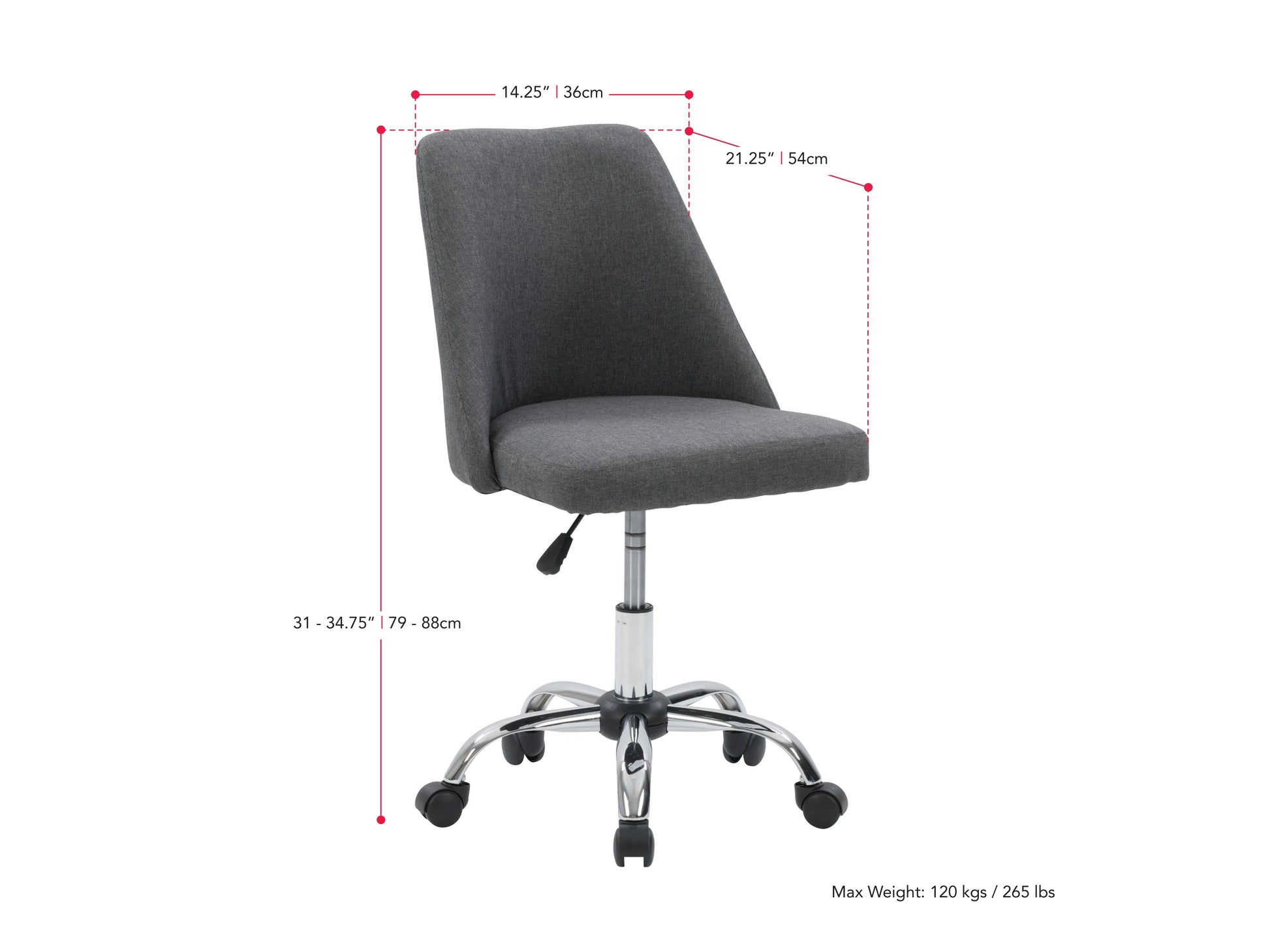 Dark grey armless task chair featuring a cushioned seat and backrest with sleek, modern design, perfect for office use. Upholstered in durable fabric, supported by a sturdy metal base with smooth-rolling casters.