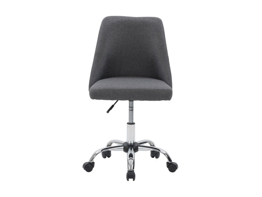 Dark grey armless task chair featuring a cushioned seat and backrest with sleek, modern design, perfect for office use. Upholstered in durable fabric, supported by a sturdy metal base with smooth-rolling casters.