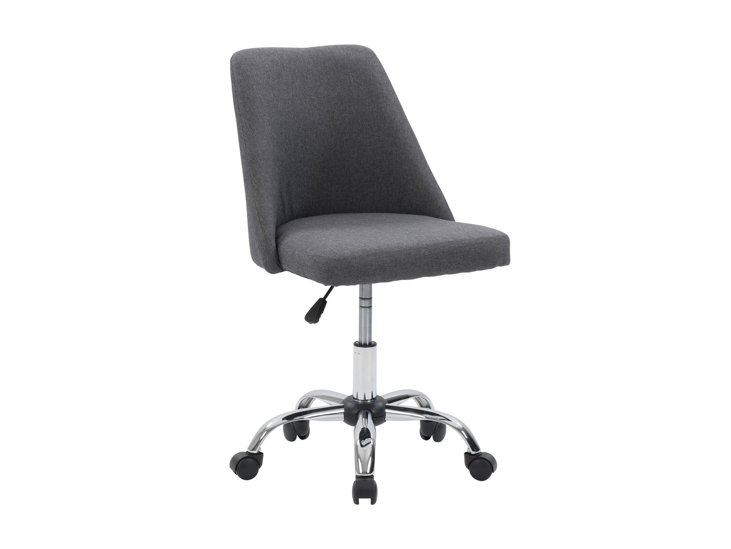 Dark grey armless task chair featuring a cushioned seat and backrest with sleek, modern design, perfect for office use. Upholstered in durable fabric, supported by a sturdy metal base with smooth-rolling casters.