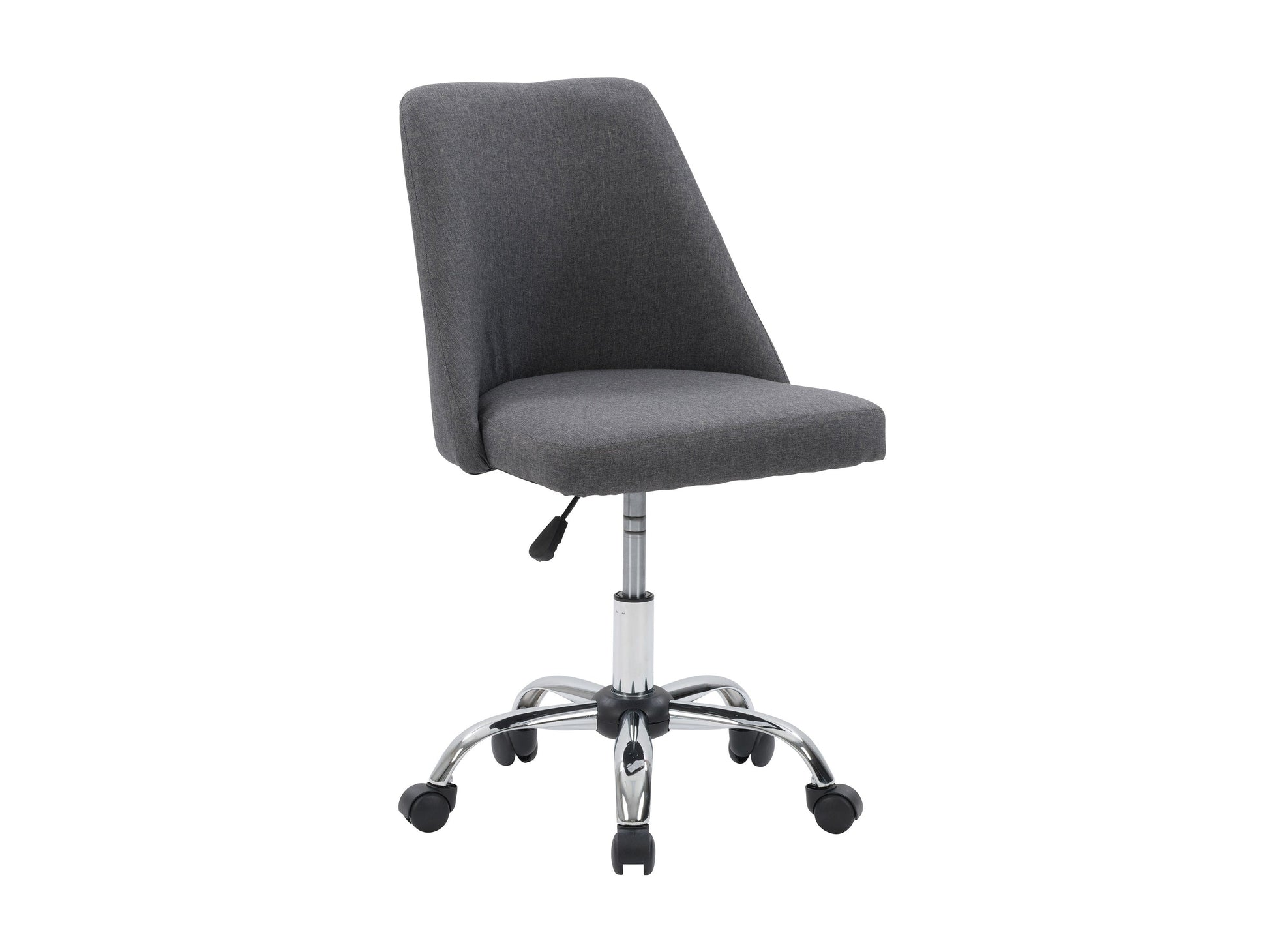 Dark grey armless task chair featuring a cushioned seat and backrest with sleek, modern design, perfect for office use. Upholstered in durable fabric, supported by a sturdy metal base with smooth-rolling casters.