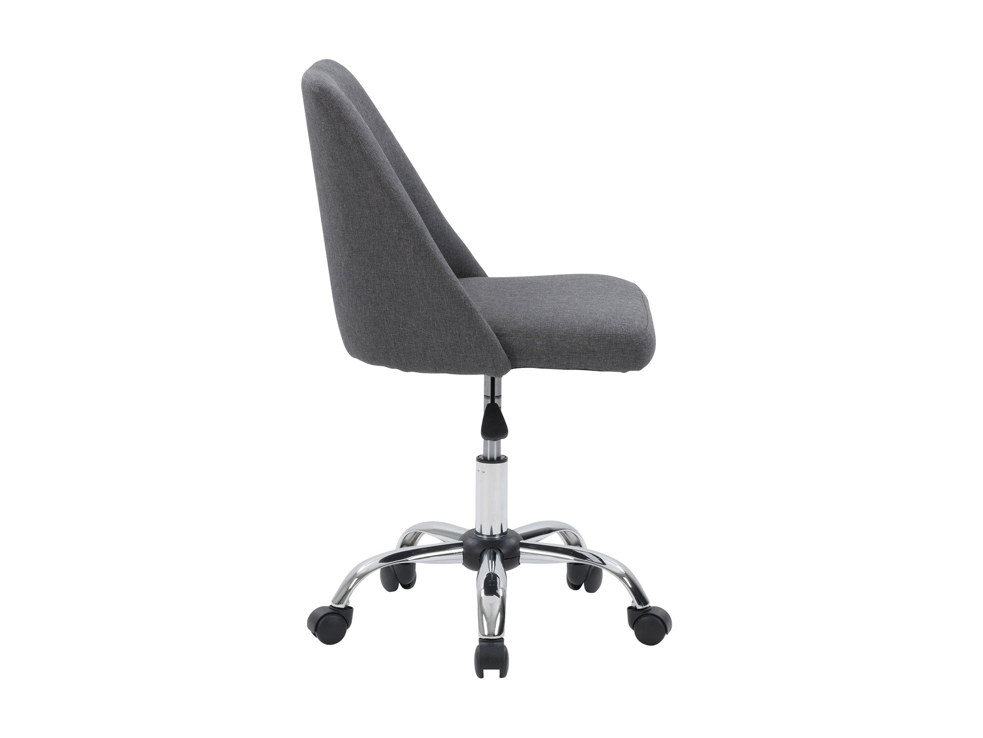 Dark grey armless task chair featuring a cushioned seat and backrest with sleek, modern design, perfect for office use. Upholstered in durable fabric, supported by a sturdy metal base with smooth-rolling casters.