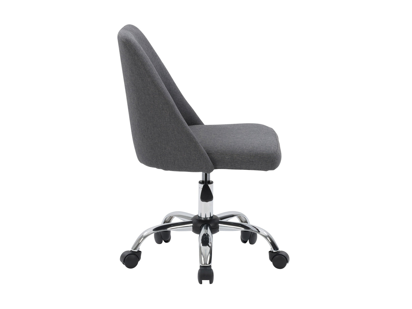 Dark grey armless task chair featuring a cushioned seat and backrest with sleek, modern design, perfect for office use. Upholstered in durable fabric, supported by a sturdy metal base with smooth-rolling casters.