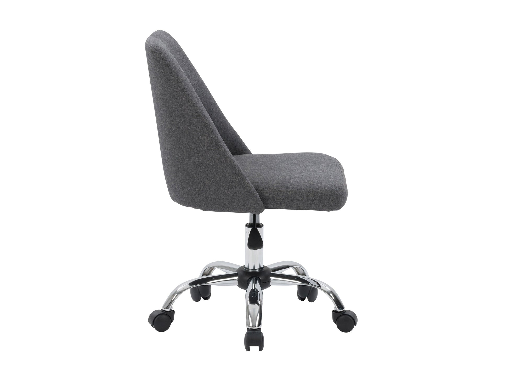 Dark grey armless task chair featuring a cushioned seat and backrest with sleek, modern design, perfect for office use. Upholstered in durable fabric, supported by a sturdy metal base with smooth-rolling casters.