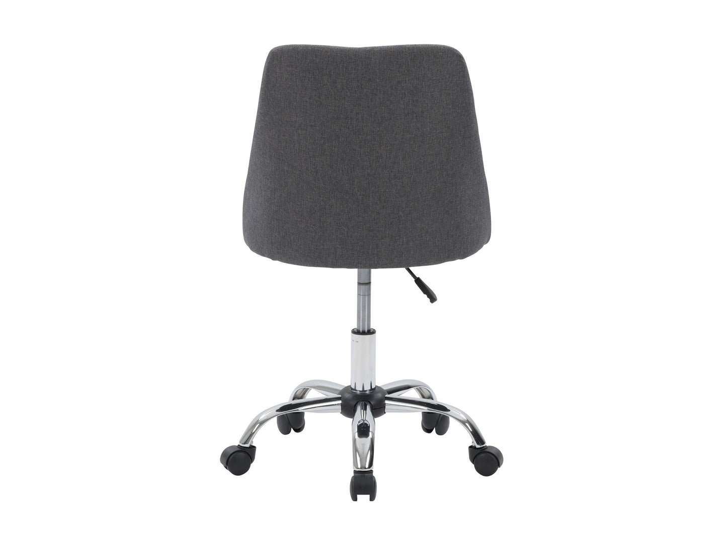 Dark grey armless task chair featuring a cushioned seat and backrest with sleek, modern design, perfect for office use. Upholstered in durable fabric, supported by a sturdy metal base with smooth-rolling casters.