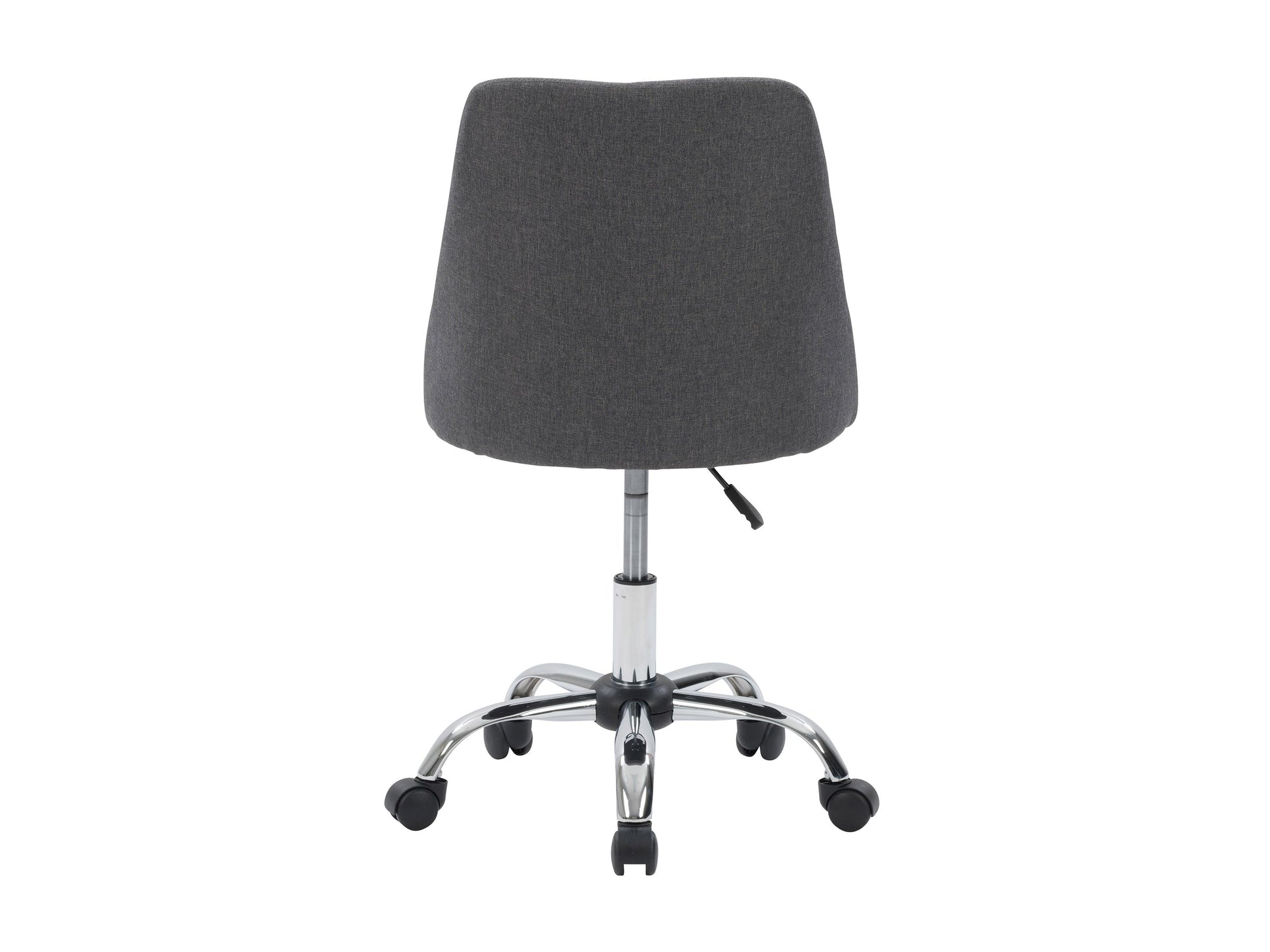 Dark grey armless task chair featuring a cushioned seat and backrest with sleek, modern design, perfect for office use. Upholstered in durable fabric, supported by a sturdy metal base with smooth-rolling casters.
