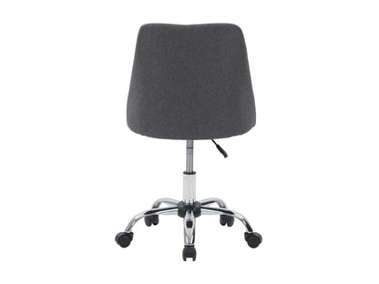 Dark grey armless task chair featuring a cushioned seat and backrest with sleek, modern design, perfect for office use. Upholstered in durable fabric, supported by a sturdy metal base with smooth-rolling casters.