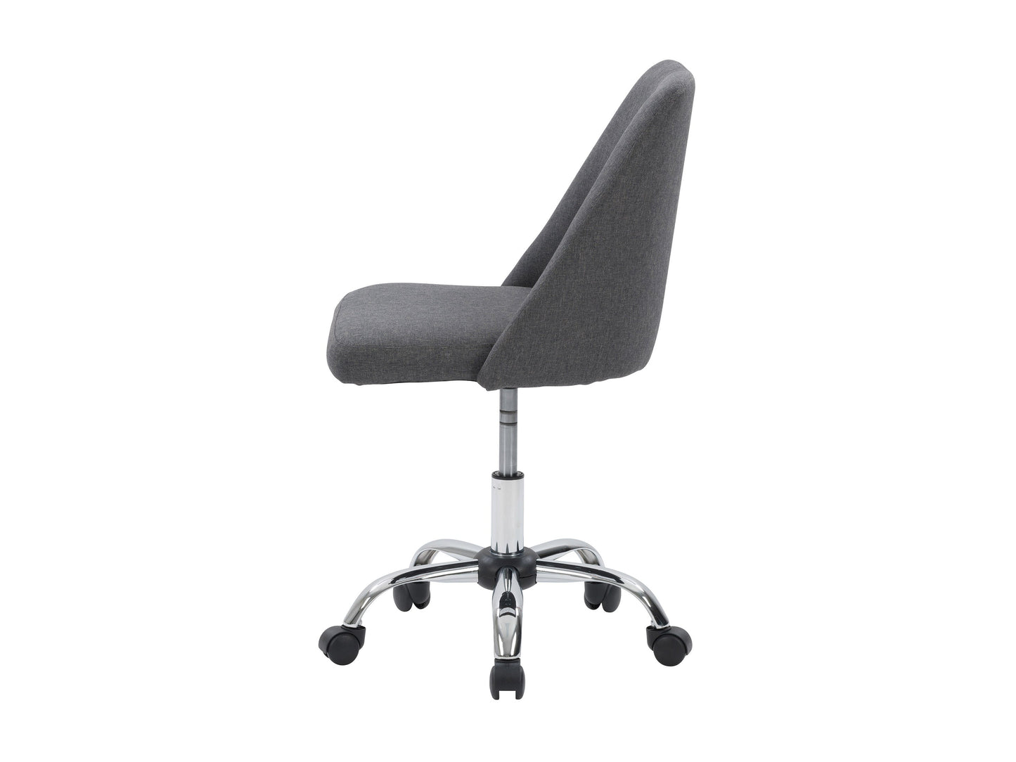 Dark grey armless task chair featuring a cushioned seat and backrest with sleek, modern design, perfect for office use. Upholstered in durable fabric, supported by a sturdy metal base with smooth-rolling casters.