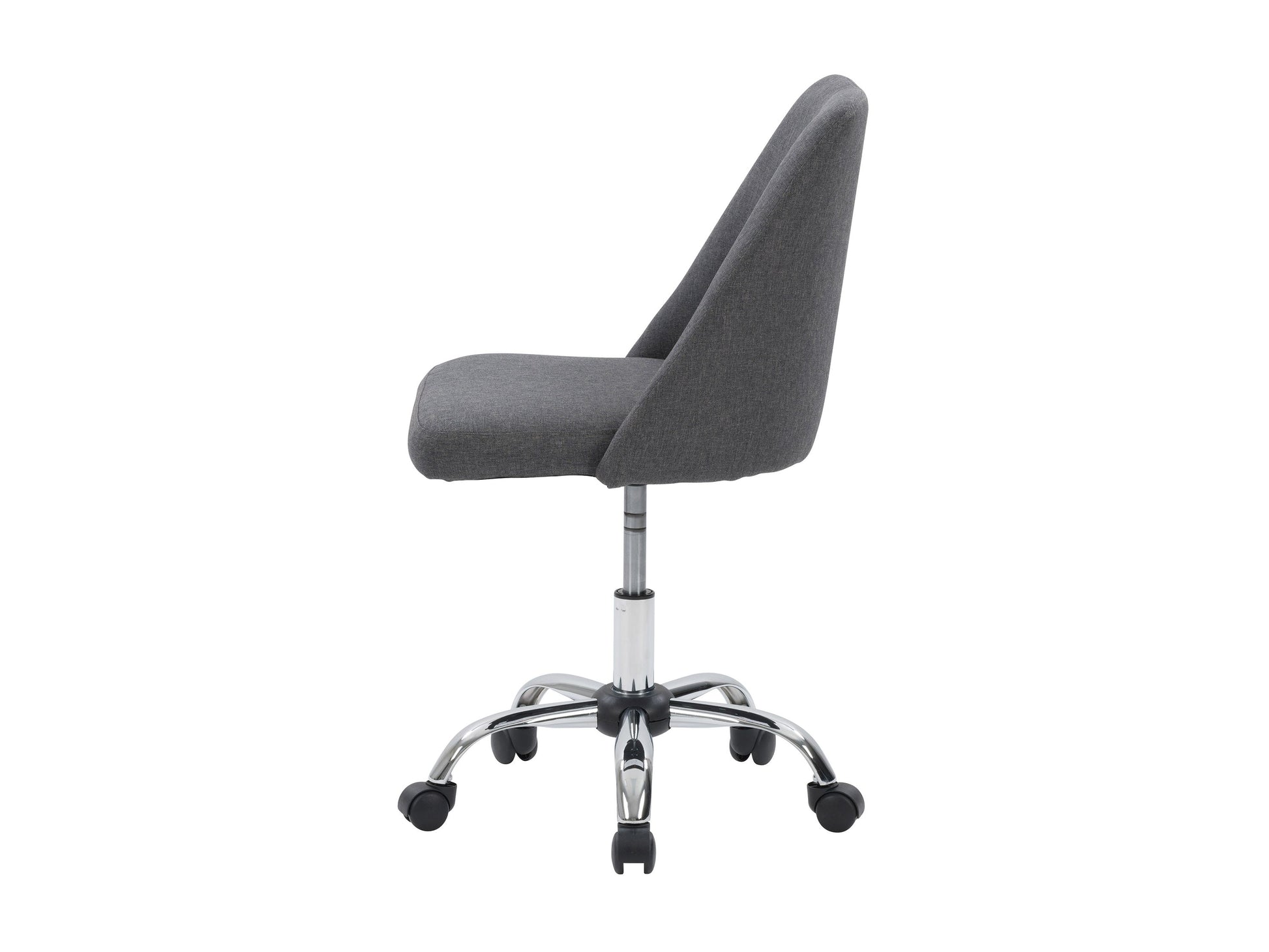 Dark grey armless task chair featuring a cushioned seat and backrest with sleek, modern design, perfect for office use. Upholstered in durable fabric, supported by a sturdy metal base with smooth-rolling casters.