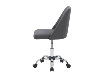 Dark grey armless task chair featuring a cushioned seat and backrest with sleek, modern design, perfect for office use. Upholstered in durable fabric, supported by a sturdy metal base with smooth-rolling casters.