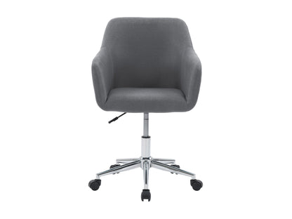 Grey office task chair with arms, ergonomic design, mesh backrest, padded seat, adjustable height, and swivel base. Ideal for home office or workspace, providing comfort and support during long working hours.