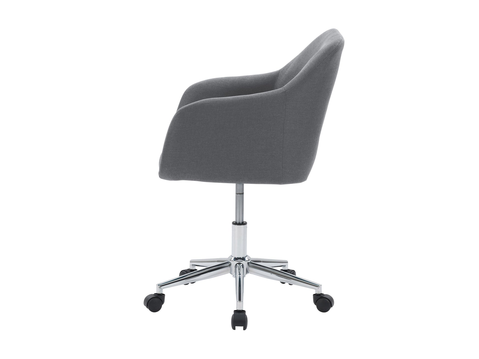 Grey office task chair with arms, ergonomic design, mesh backrest, padded seat, adjustable height, and swivel base. Ideal for home office or workspace, providing comfort and support during long working hours.
