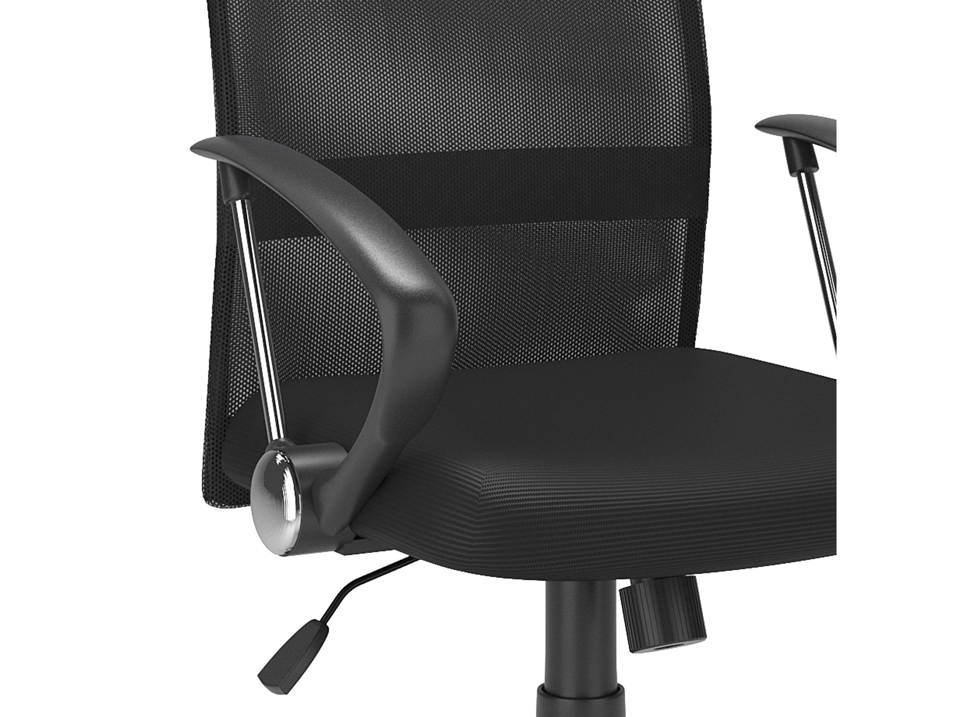 Gray fabric office chair with cushioned seat and backrest, black metal frame, and adjustable armrests. Ideal for modern office settings, ergonomic design ensures comfort and support during long working hours.