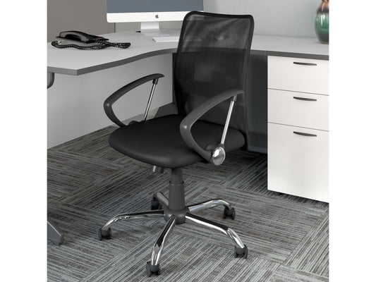 Gray fabric office chair with padded seat, ergonomic backrest, and adjustable height. Features a sleek black frame, five caster wheels, and a contemporary design suitable for modern office spaces.