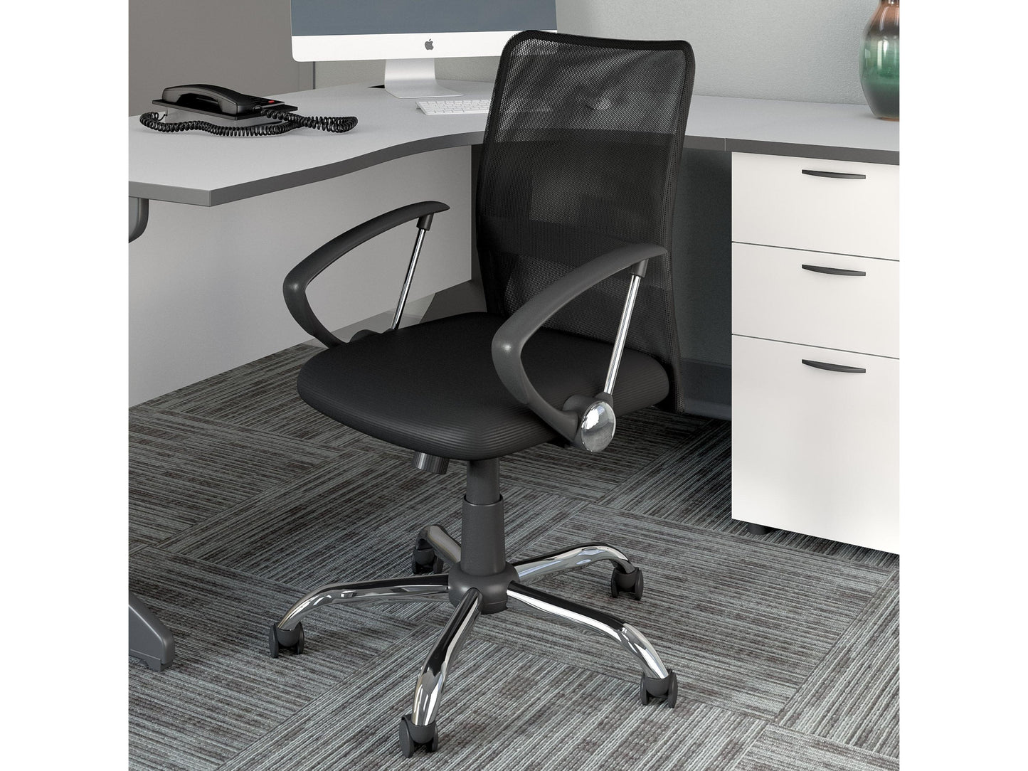 Gray fabric office chair with padded seat, ergonomic backrest, and adjustable height. Features a sleek black frame, five caster wheels, and a contemporary design suitable for modern office spaces.