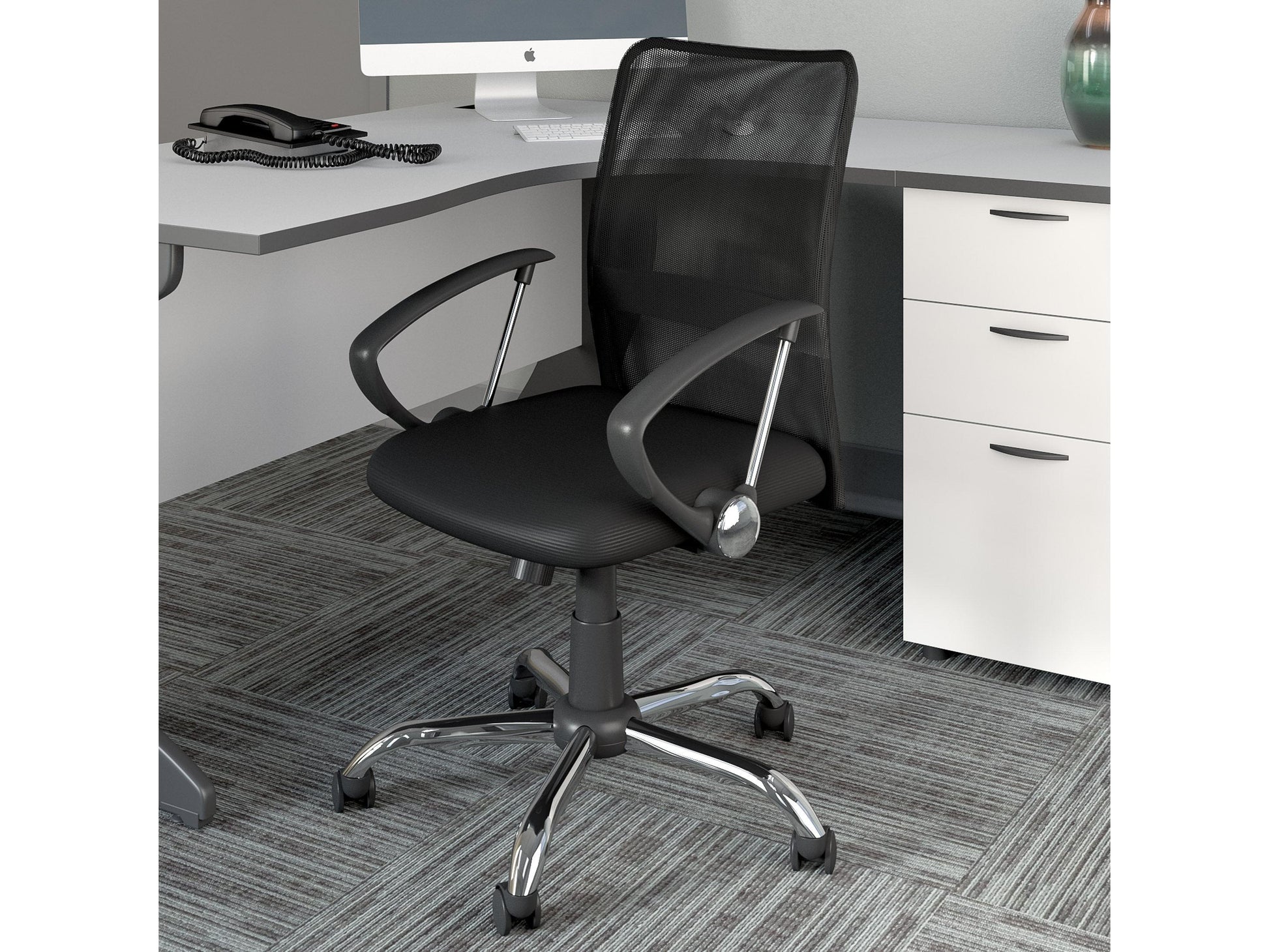 Gray fabric office chair with padded seat, ergonomic backrest, and adjustable height. Features a sleek black frame, five caster wheels, and a contemporary design suitable for modern office spaces.