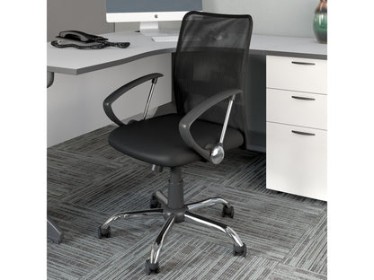 Gray fabric office chair with padded seat, ergonomic backrest, and adjustable height. Features a sleek black frame, five caster wheels, and a contemporary design suitable for modern office spaces.