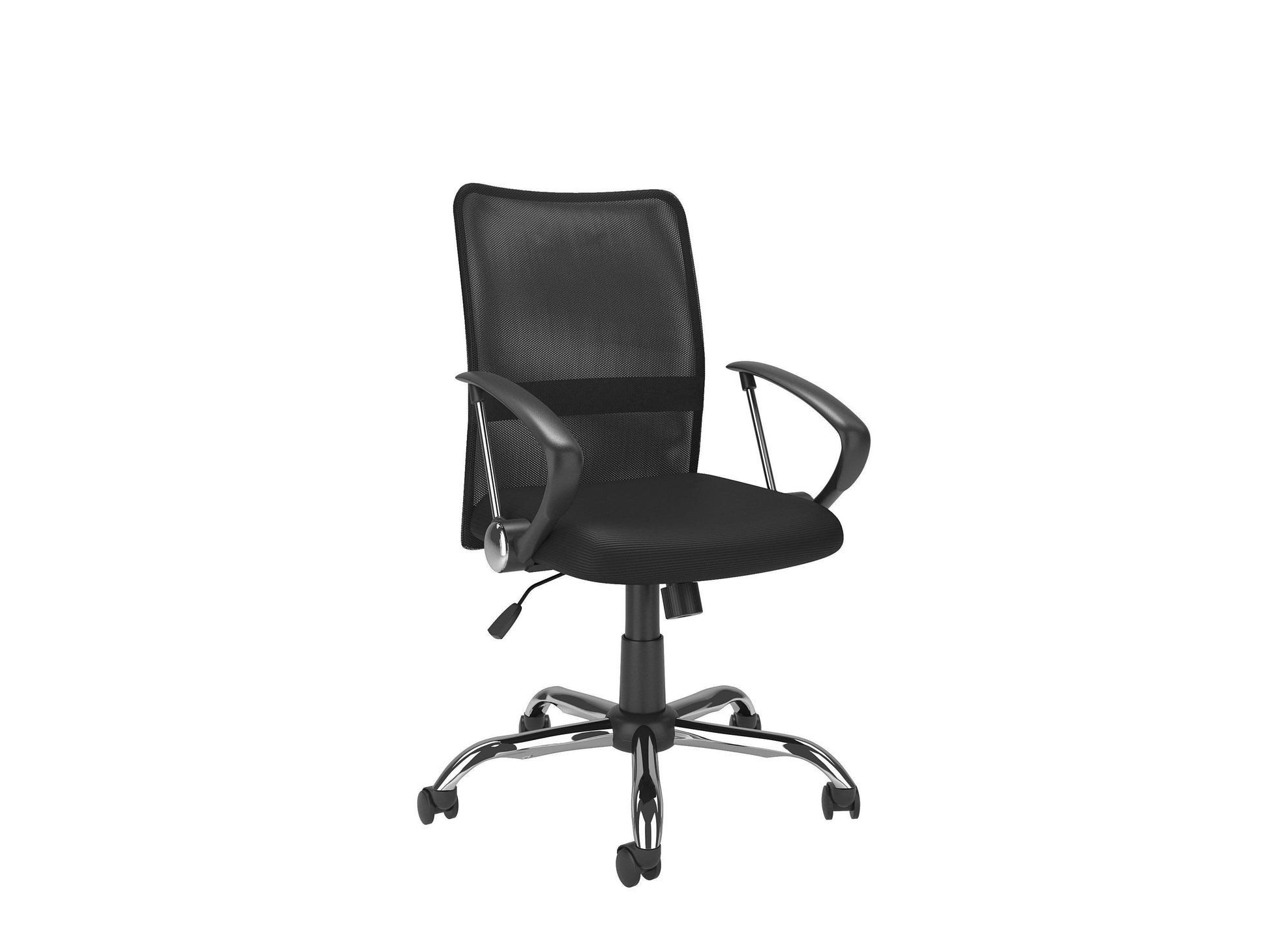 Ergonomic fabric office chair in light gray with cushioned seat and backrest, adjustable height, black metal frame, and five caster wheels for easy mobility.
