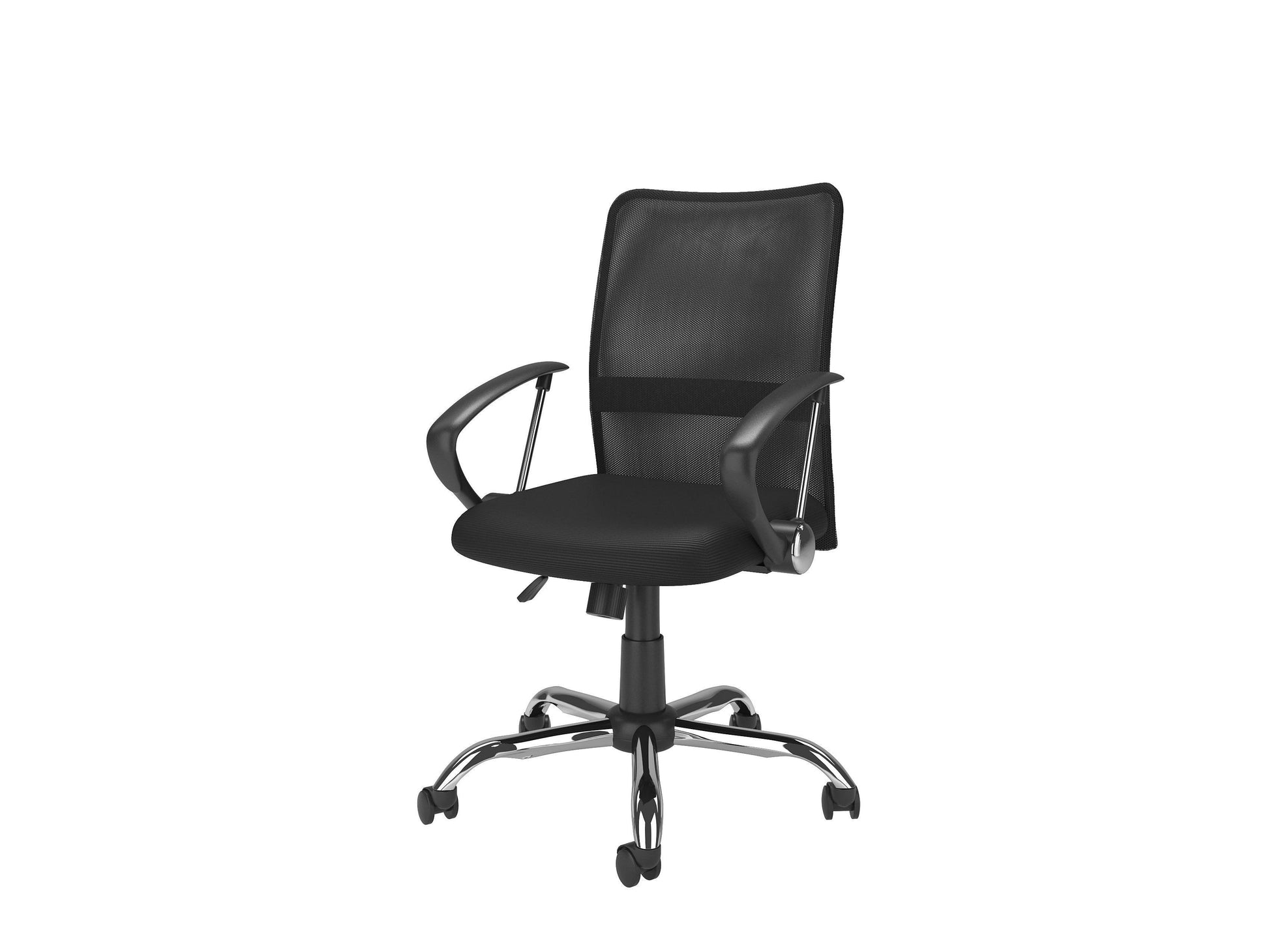 Modern fabric office chair with gray upholstery, ergonomic design, adjustable height, and cushioned seat and backrest, featuring sleek black armrests and a sturdy metal base with smooth-rolling casters.