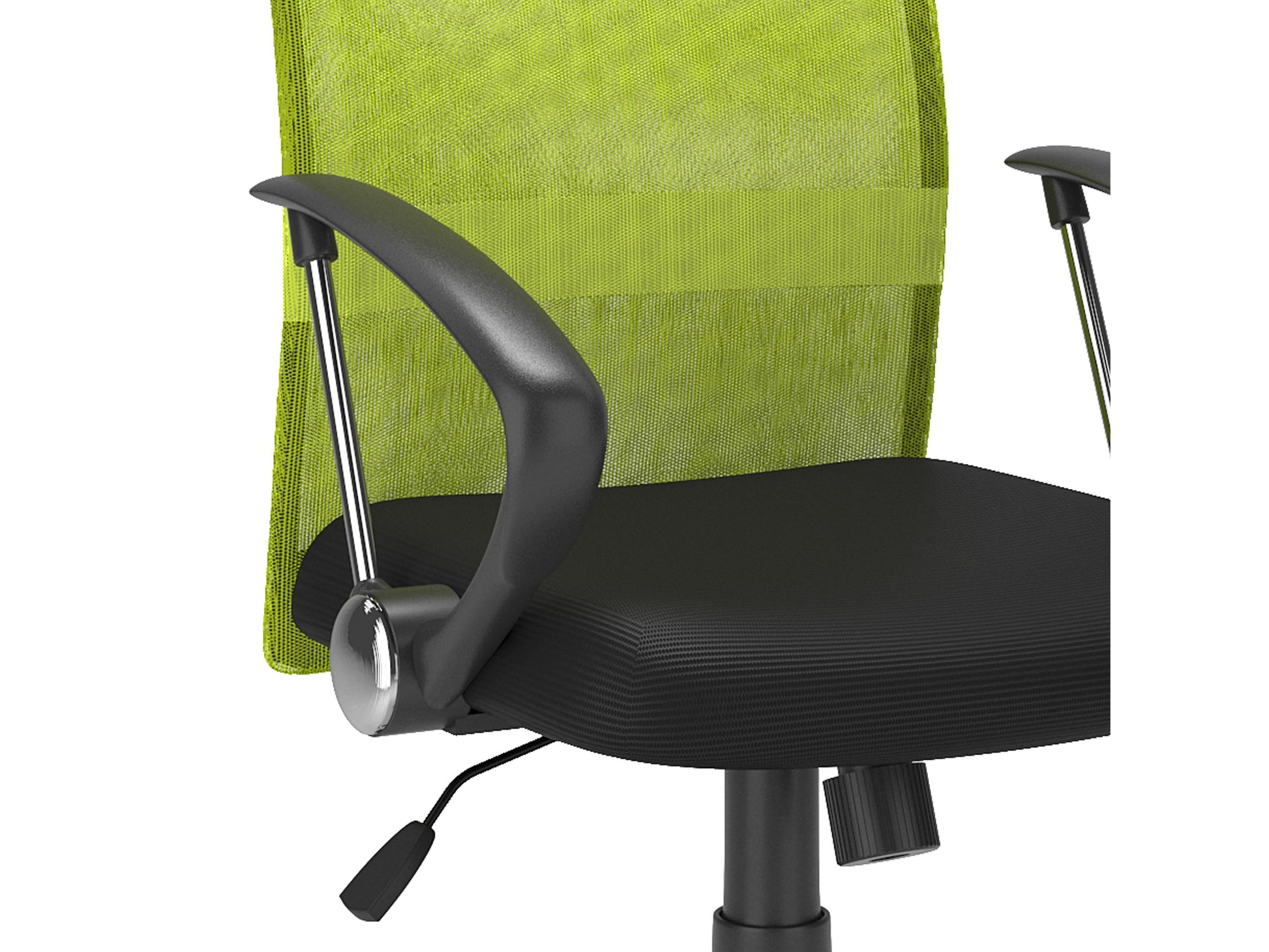 Lime green fabric office chair with ergonomic design, padded seat and backrest, black armrests and base, adjustable height, and swivel functionality. Ideal for modern home offices and workspaces.