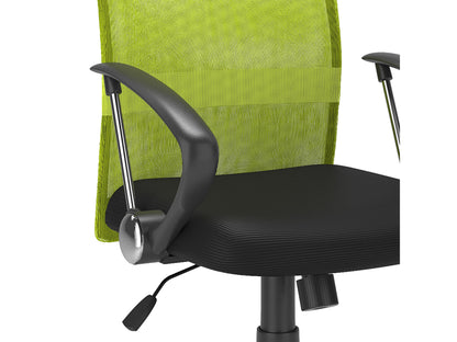 Lime green fabric office chair with ergonomic design, padded seat and backrest, black armrests and base, adjustable height, and swivel functionality. Ideal for modern home offices and workspaces.