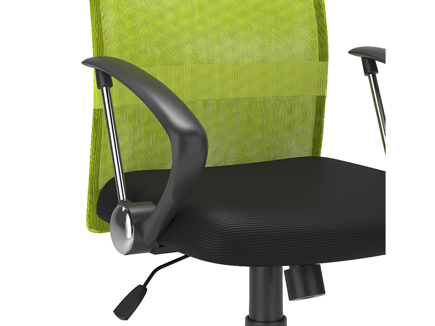 Lime green fabric office chair with ergonomic design, padded seat and backrest, black armrests and base, adjustable height, and swivel functionality. Ideal for modern home offices and workspaces.