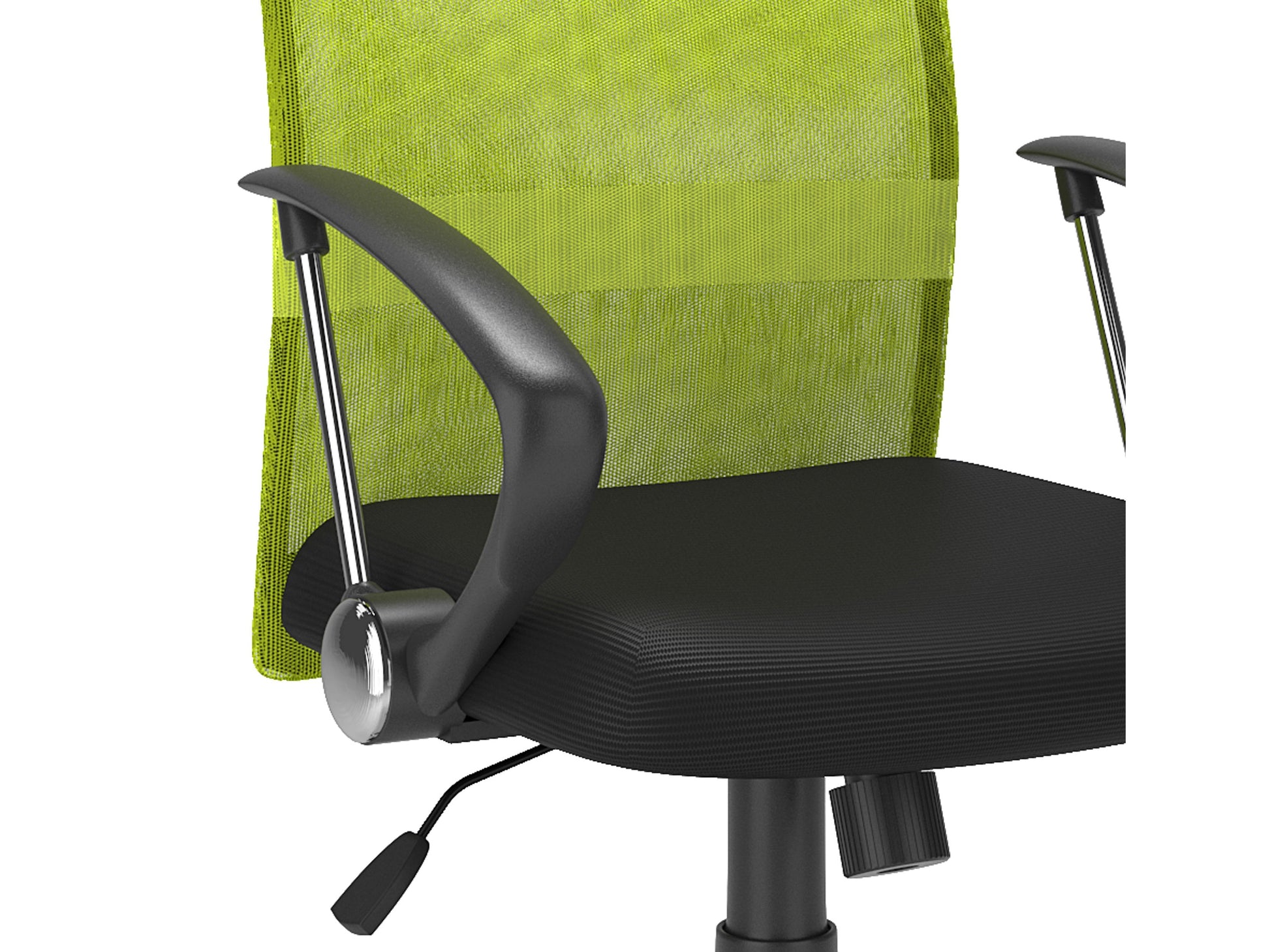 Lime green fabric office chair with ergonomic design, padded seat and backrest, black armrests and base, adjustable height, and swivel functionality. Ideal for modern home offices and workspaces.