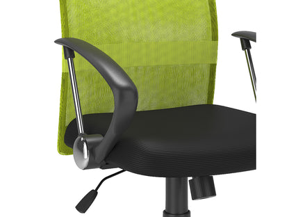Lime green fabric office chair with ergonomic design, padded seat and backrest, black armrests and base, adjustable height, and swivel functionality. Ideal for modern home offices and workspaces.