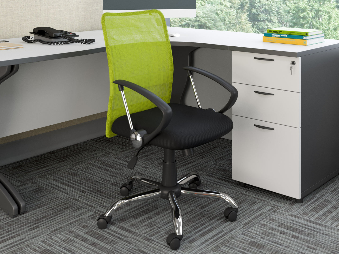 Lime green fabric office chair with ergonomic design, padded seat and backrest, black armrests and base, adjustable height, and swivel functionality. Ideal for modern home offices and workspaces.