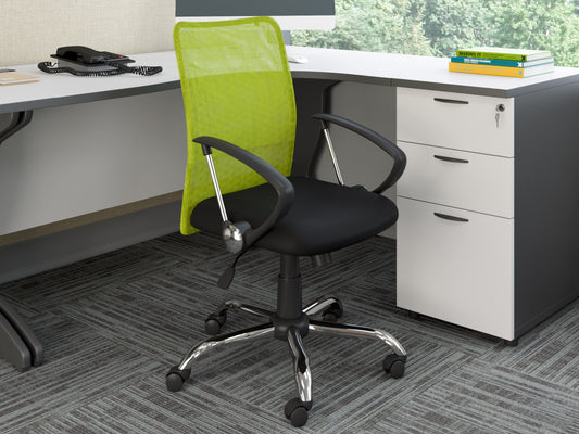 Lime green fabric office chair with ergonomic design, padded seat and backrest, black armrests and base, adjustable height, and swivel functionality. Ideal for modern home offices and workspaces.