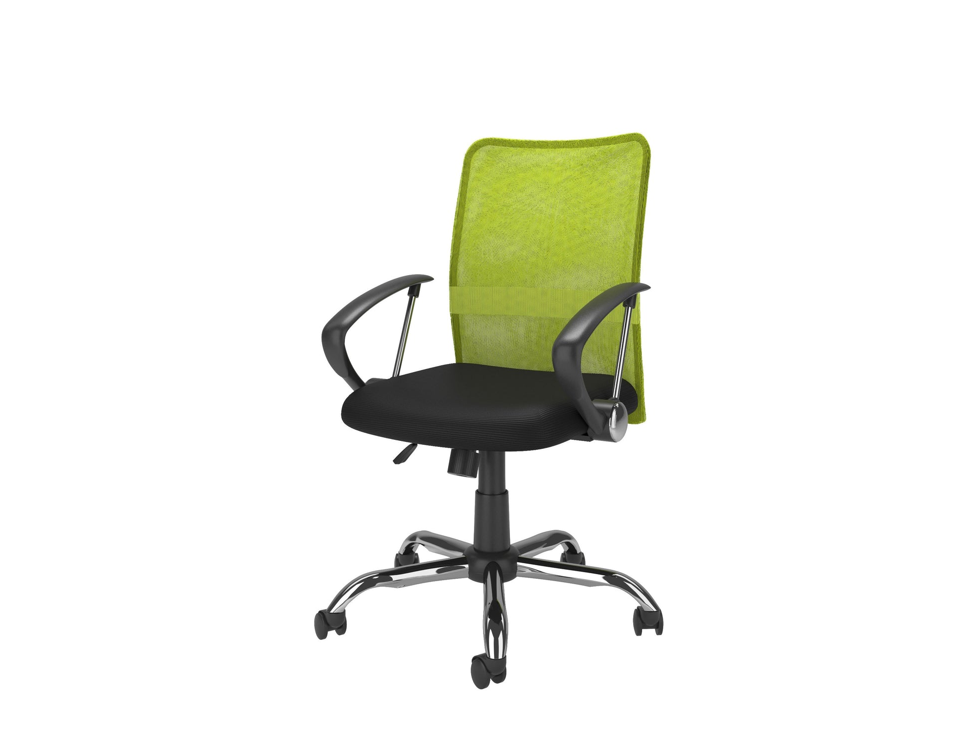 Lime green fabric office chair with ergonomic design, padded seat and backrest, black armrests and base, adjustable height, and swivel functionality. Ideal for modern home offices and workspaces.