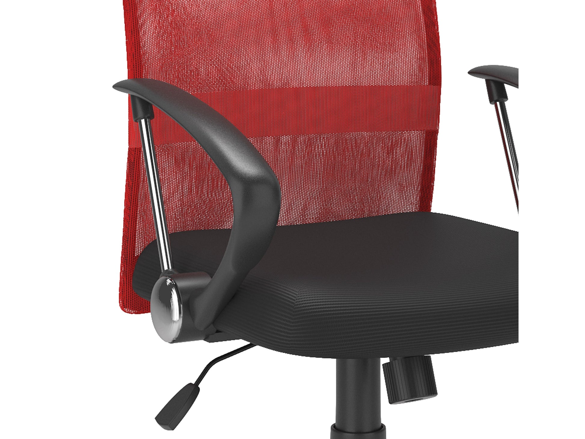 Red fabric office chair with ergonomic design, padded seat, adjustable armrests, and lumbar support. Features a high backrest, swivel base, and smooth-rolling casters. Ideal for home or office use.