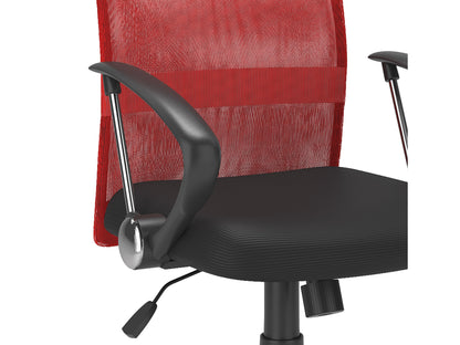 Red fabric office chair with ergonomic design, padded seat, adjustable armrests, and lumbar support. Features a high backrest, swivel base, and smooth-rolling casters. Ideal for home or office use.