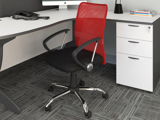 Red fabric office chair with ergonomic design, padded seat, adjustable armrests, and lumbar support. Features a high backrest, swivel base, and smooth-rolling casters. Ideal for home or office use.