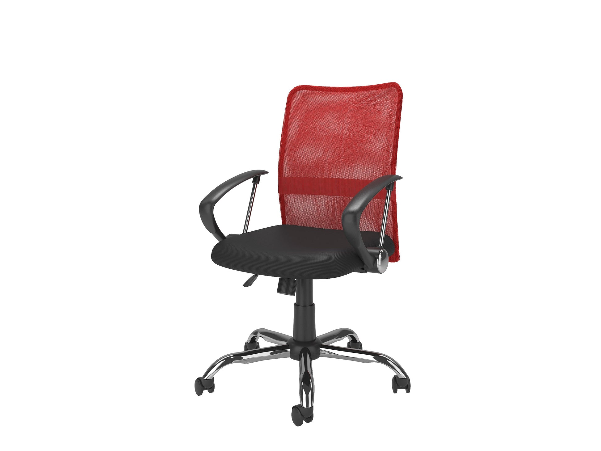 Red fabric office chair with ergonomic design, padded seat, adjustable armrests, and lumbar support. Features a high backrest, swivel base, and smooth-rolling casters. Ideal for home or office use.