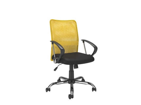 Yellow fabric office chair with ergonomic design, adjustable height, cushioned seat, and lumbar support. Ideal for home office or workspace.