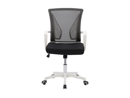 Ergonomic black mesh task chair with adjustable armrests, white frame, and lumbar support. Features breathable mesh back, cushioned seat, and swivel base with wheels for mobility. Ideal for home office use.