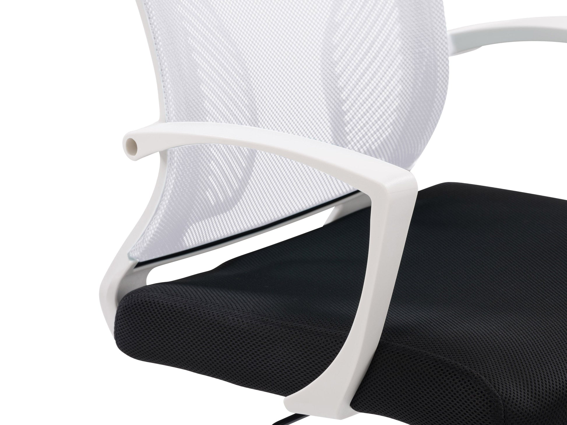 White mesh task chair with ergonomic design, adjustable armrests, and lumbar support. Features breathable mesh backrest, padded seat, and sleek chrome base with caster wheels ideal for office use.