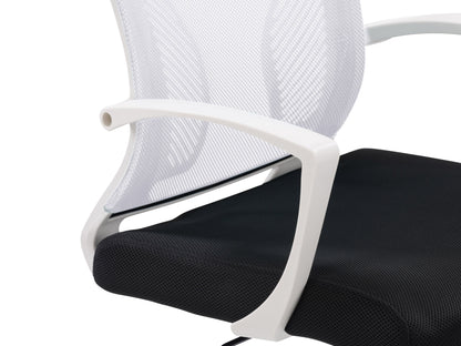 White mesh task chair with ergonomic design, adjustable armrests, and lumbar support. Features breathable mesh backrest, padded seat, and sleek chrome base with caster wheels ideal for office use.