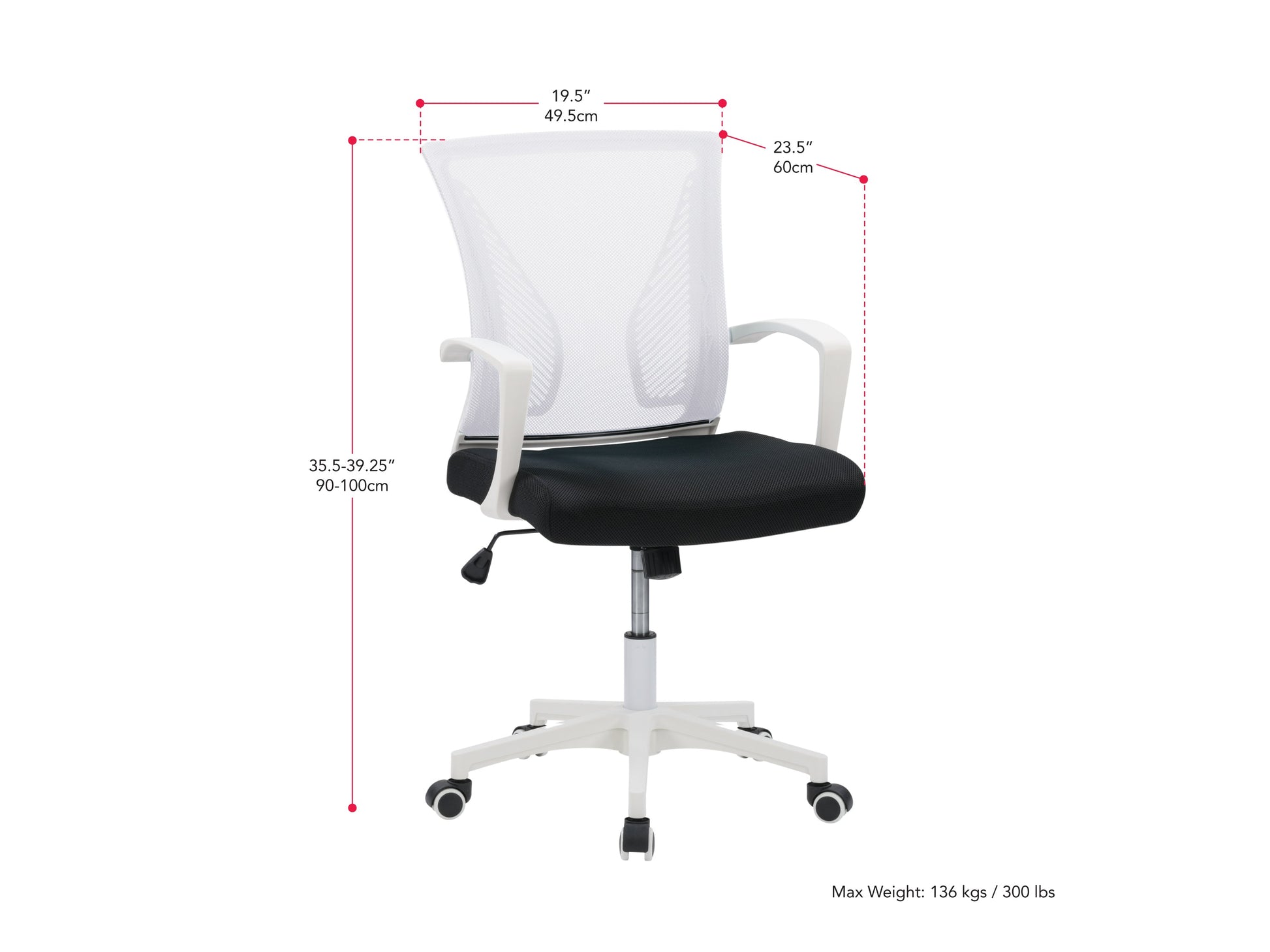 White mesh task chair with ergonomic design, adjustable armrests, and lumbar support. Features breathable mesh backrest, padded seat, and sleek chrome base with caster wheels ideal for office use.