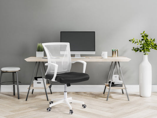 White mesh task chair with ergonomic design, adjustable armrests, and lumbar support. Features breathable mesh backrest, padded seat, and sleek chrome base with caster wheels ideal for office use.