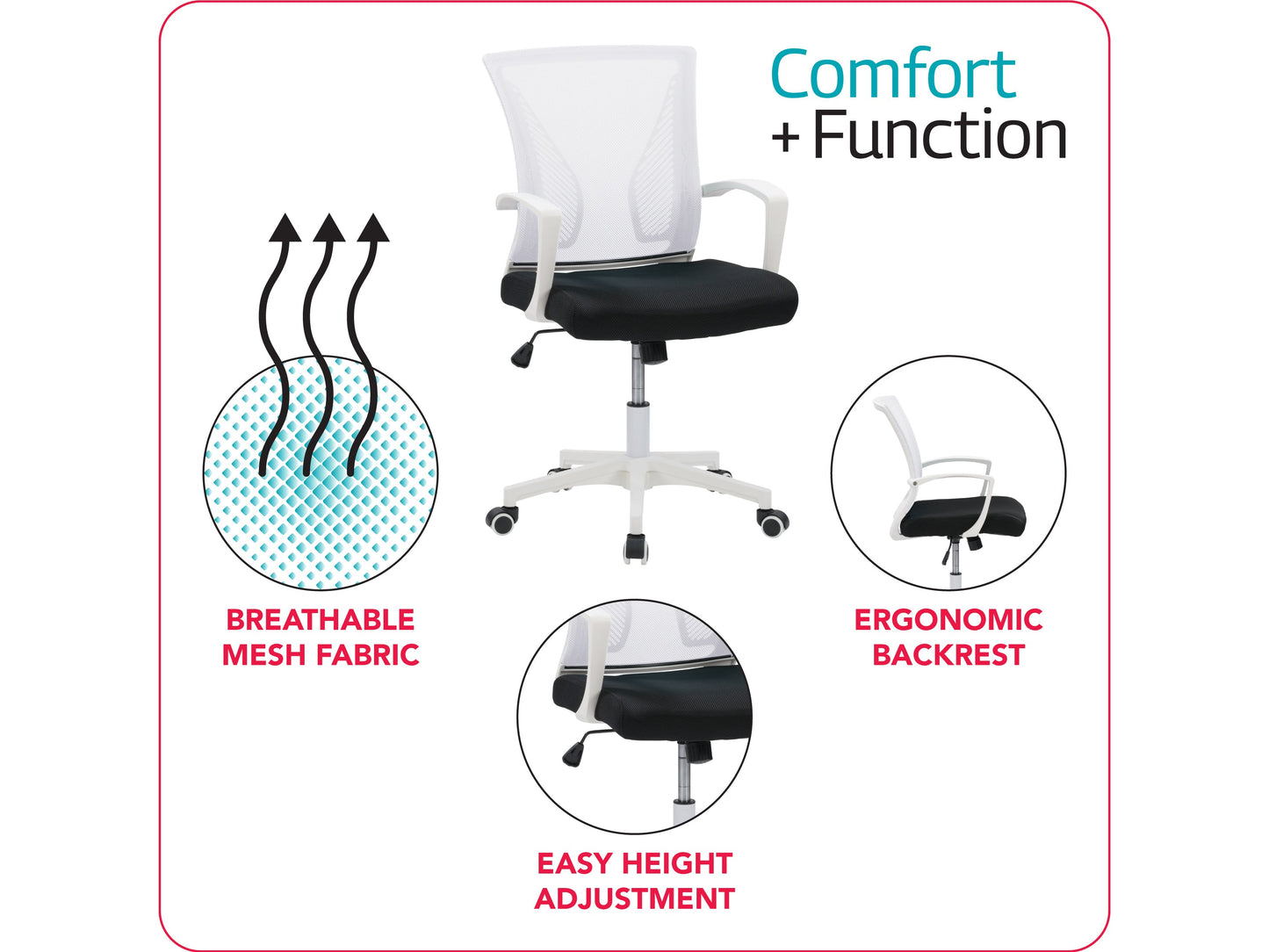 White mesh task chair with ergonomic design, adjustable armrests, and lumbar support. Features breathable mesh backrest, padded seat, and sleek chrome base with caster wheels ideal for office use.