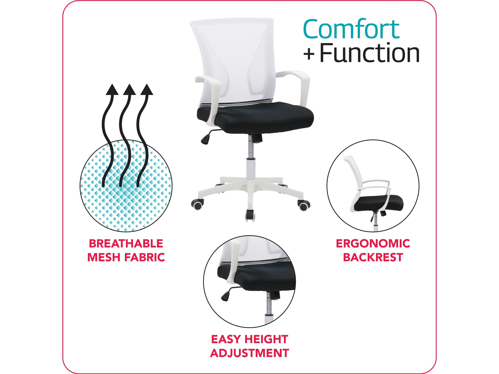 White mesh task chair with ergonomic design, adjustable armrests, and lumbar support. Features breathable mesh backrest, padded seat, and sleek chrome base with caster wheels ideal for office use.