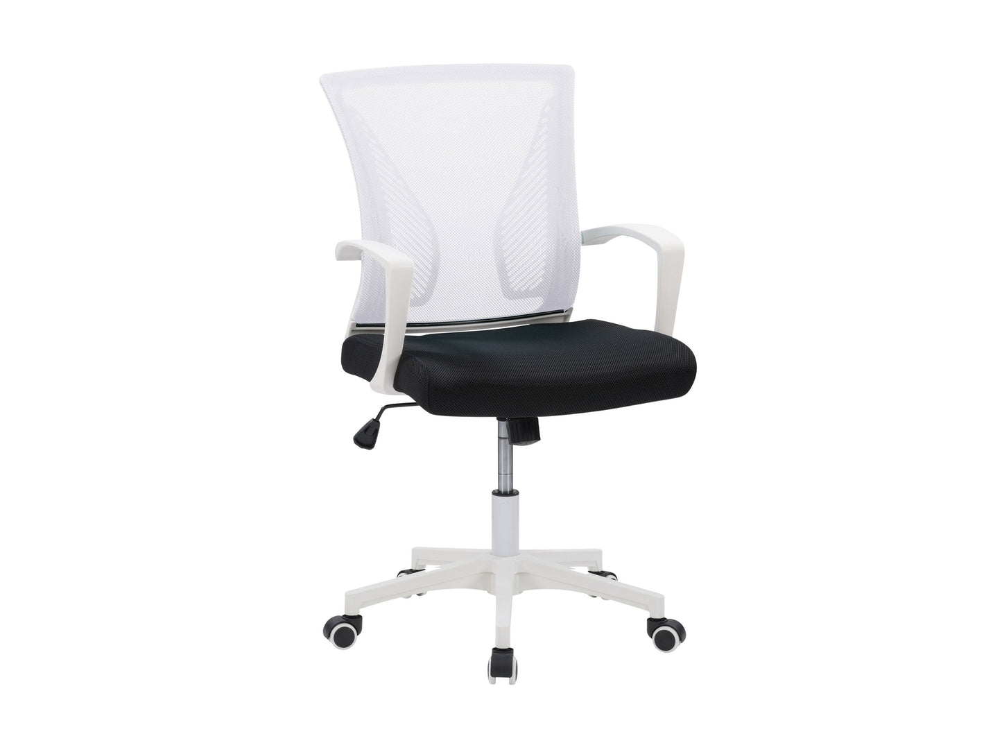 White mesh task chair with ergonomic design, adjustable armrests, and lumbar support. Features breathable mesh backrest, padded seat, and sleek chrome base with caster wheels ideal for office use.