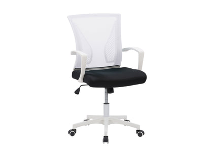 White mesh task chair with ergonomic design, adjustable armrests, and lumbar support. Features breathable mesh backrest, padded seat, and sleek chrome base with caster wheels ideal for office use.