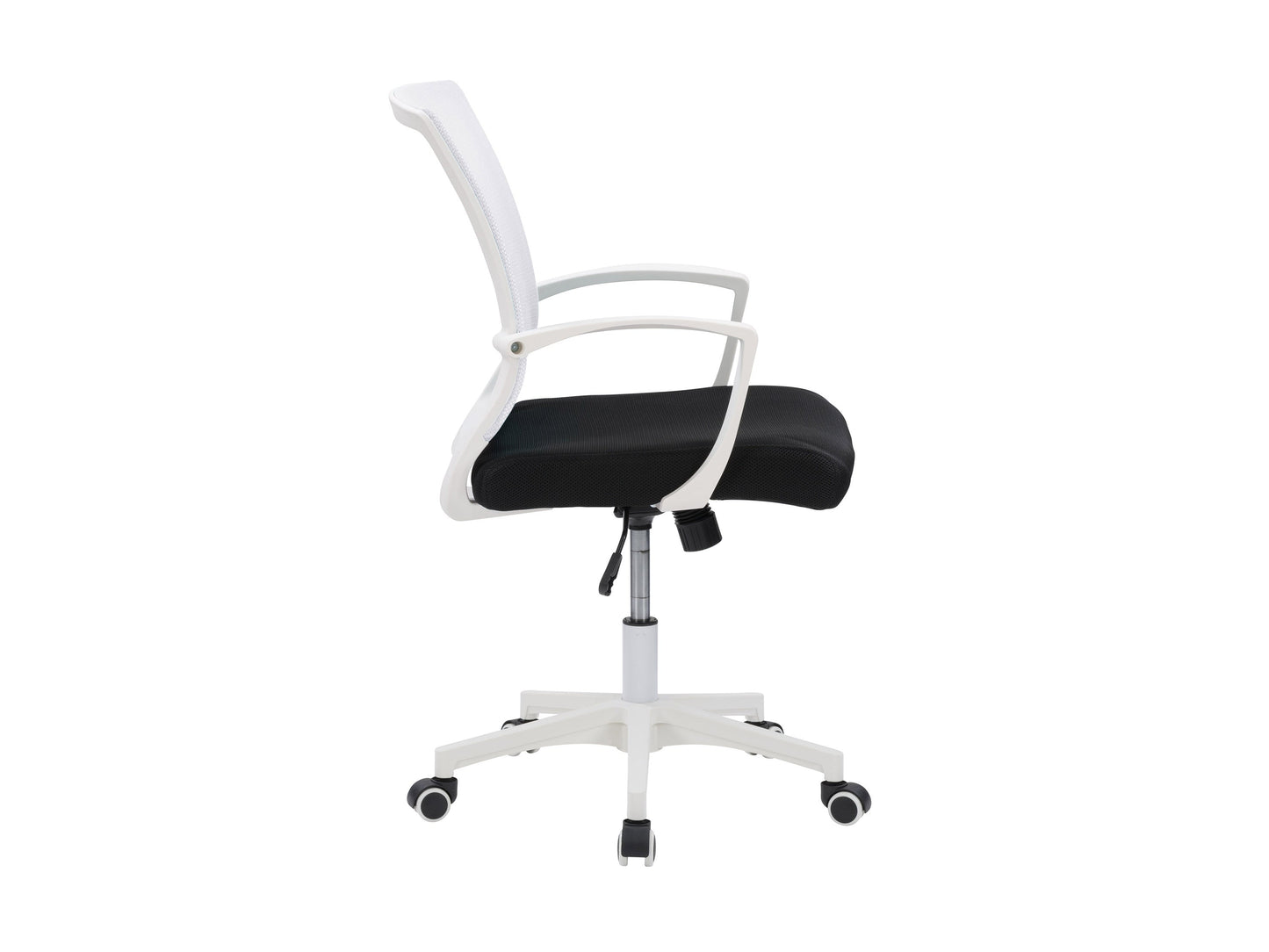 White mesh task chair with ergonomic design, adjustable armrests, and lumbar support. Features breathable mesh backrest, padded seat, and sleek chrome base with caster wheels ideal for office use.