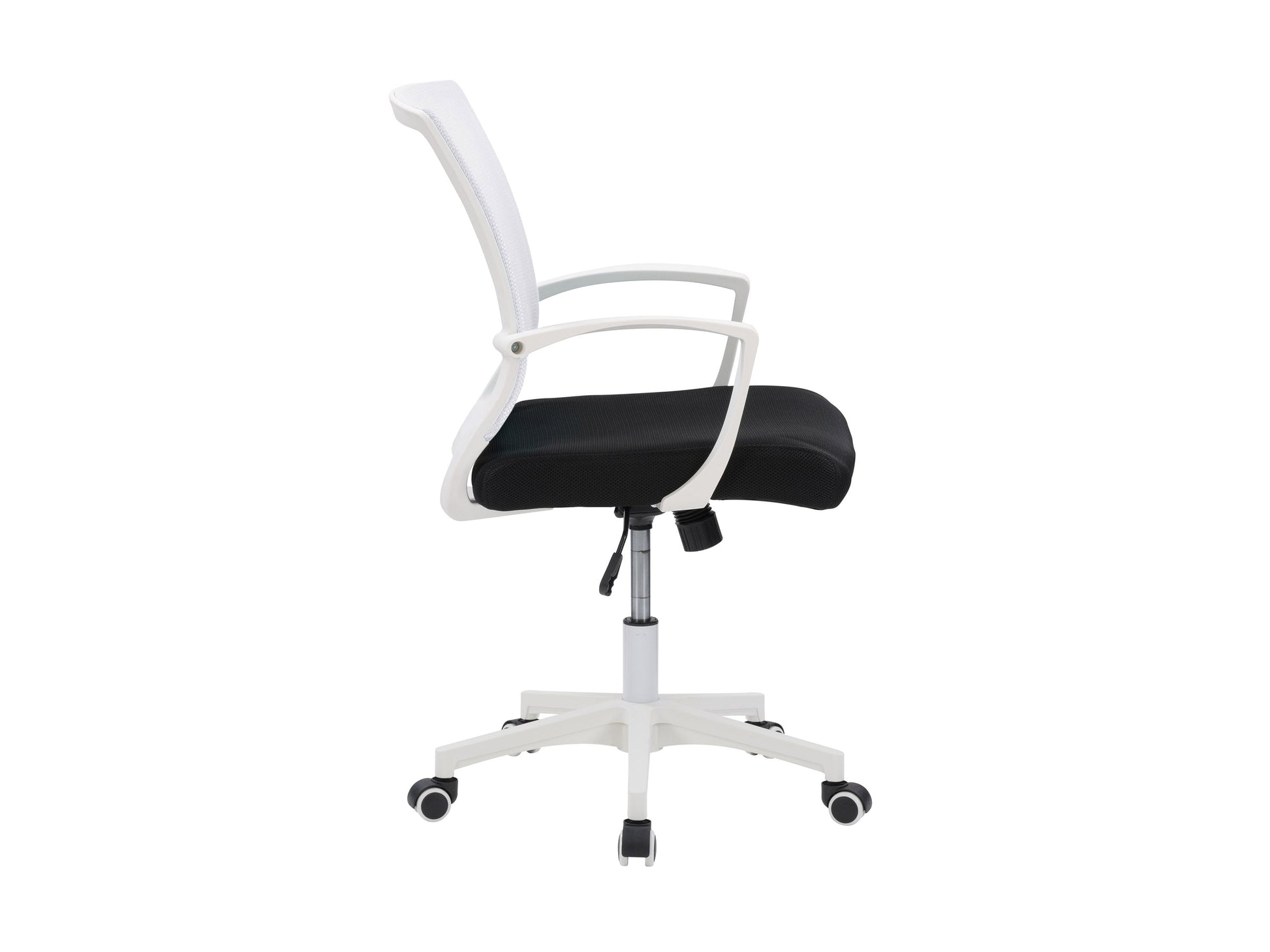 White mesh task chair with ergonomic design, adjustable armrests, and lumbar support. Features breathable mesh backrest, padded seat, and sleek chrome base with caster wheels ideal for office use.