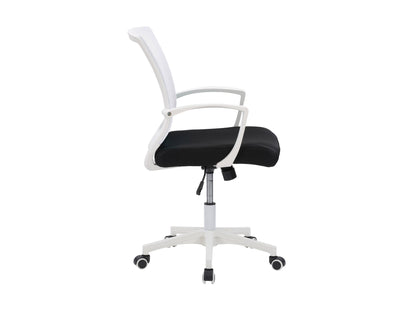 White mesh task chair with ergonomic design, adjustable armrests, and lumbar support. Features breathable mesh backrest, padded seat, and sleek chrome base with caster wheels ideal for office use.